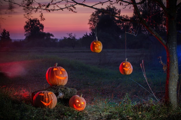 Abóboras de halloween na noite ao ar livre