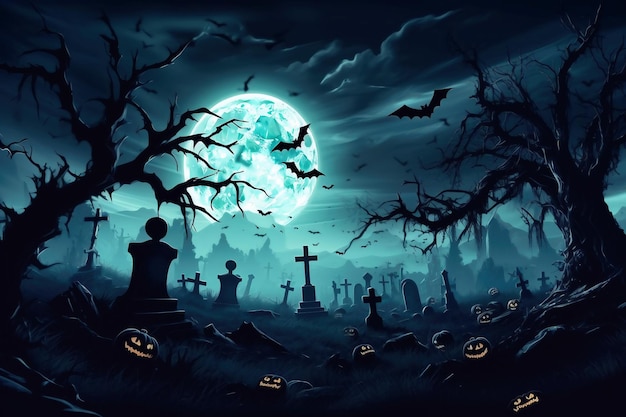 Abóboras de Halloween perto de uma árvore em um cemitério com uma casa assustadora Fundo de Halloween na floresta noturna com lua e morcegos