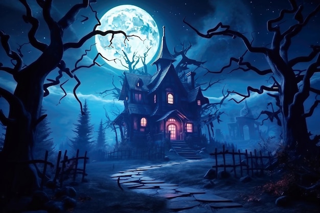 Abóboras de Halloween perto de uma árvore em um cemitério com uma casa assustadora Fundo de Halloween na floresta noturna com lua e morcegos