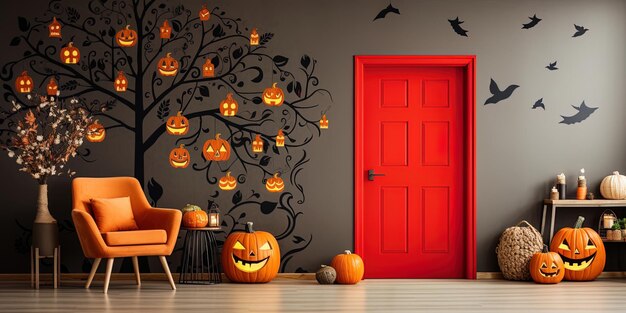 Foto abóboras de halloween são exibidas em uma parede em uma casa