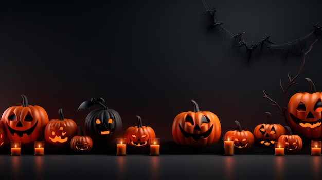 abóboras de halloween seguidas com um fundo preto com uma parede atrás delas.