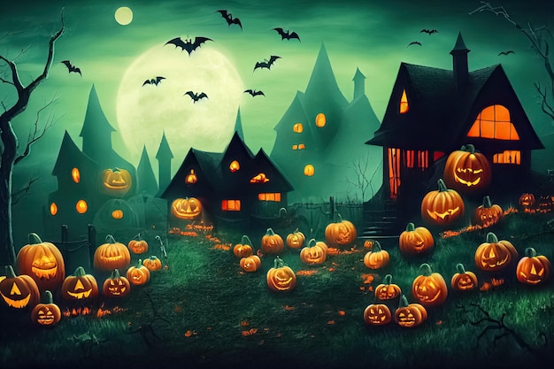 Abóboras de Jack O' Lanterns brilhando na misteriosa noite de Halloween assustadora Ilustração 3D digital