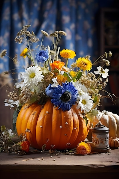 Foto abóboras decorativas com flores para outono decoração de casa conceito de halloween dia de acção de graças ai ge