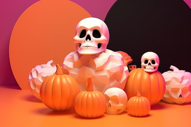 Abóboras e crânios de Halloween 3D de fundo pastel