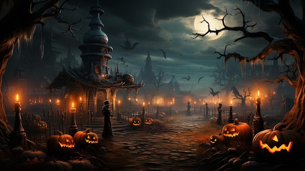 Abóboras e esqueleto no cemitério à noite com tábua de madeira