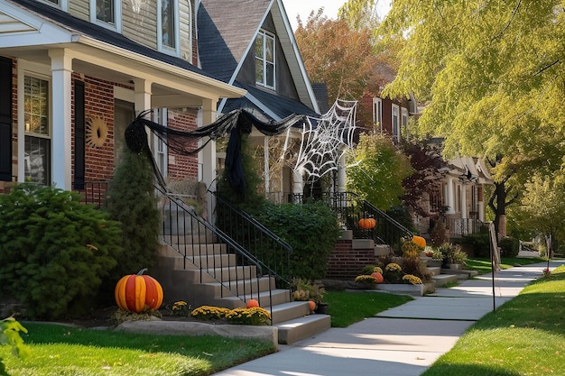 Abóboras e flores coloridas nas escadas da decoração da casa para o Halloween Generative AI