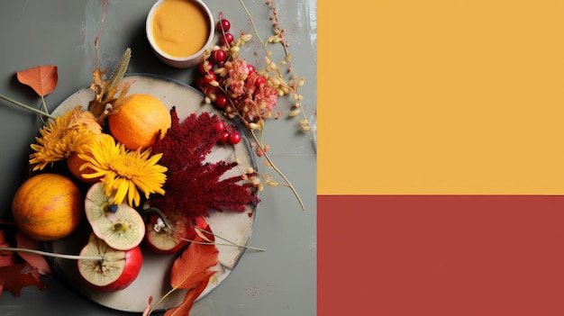 Foto abóboras e flores com especiarias na terra tone de fundo