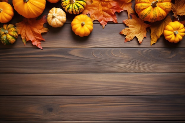 Abóboras e folhas caídas em fundo de madeira Copiar espaço para texto Halloween Dia de Ação de Graças ou outono sazonal ai generativo