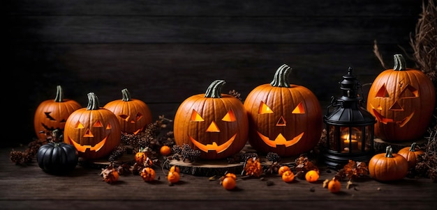 Foto abóboras e lanternas de halloween em fundo de madeira com espaço para cópia