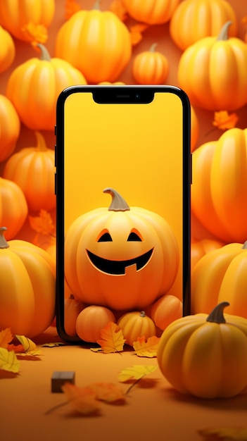 Foto abóboras e um telefone com uma abóbora de halloween na tela generativa ai