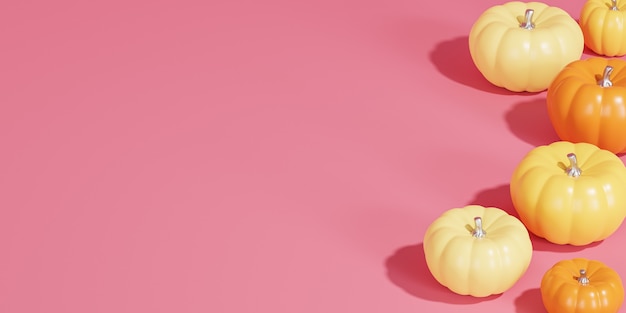 Abóboras em fundo rosa mínimo para publicidade em férias de outono ou vendas, cópia espaço, banner de renderização 3D