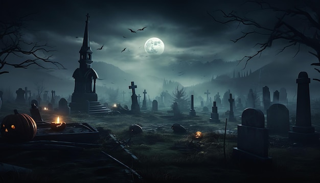 Abóboras em um cemitério vestindo roupas esfarrapadas Uma terra devastada cinza