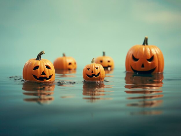 Abóboras esculpidas de Halloween flutuando na superfície da água Fundo outonal chuvoso de outubro