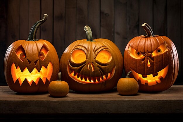 Abóboras esculpidas em jackolanterns com expressões variadas