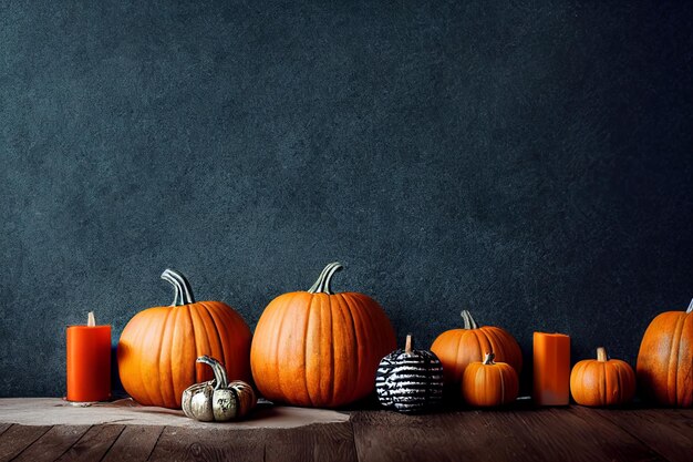 Abóboras incomuns de composição de abóbora contra abóboras de parede escura entre velas tema de Halloween