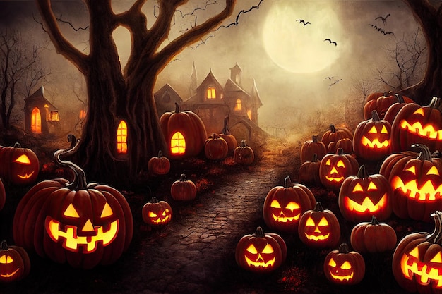 Abóboras Jackolantern cobrem a rampa a caminho da casa assustadora de Halloween