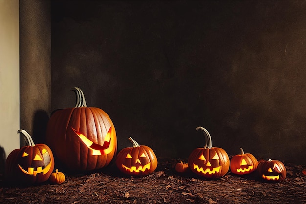 Abóboras laranja com rostos e luzes deitadas na folhagem Uma sala cheia de abóboras de Halloween