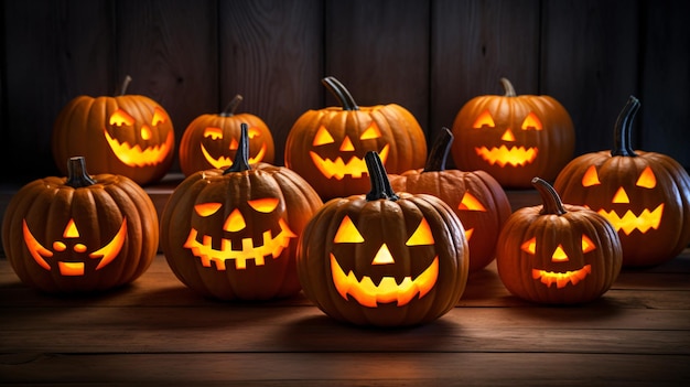 Abóboras laranja vibrantes esculpidas em jacko'lanterns com sorrisos perversos, ideais para adicionar um toque de terror às suas postagens de Halloween nas redes sociais