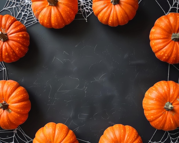 Abóboras laranjas dispostas em círculo em fundo preto com teias de aranha em fundo temático de Halloween