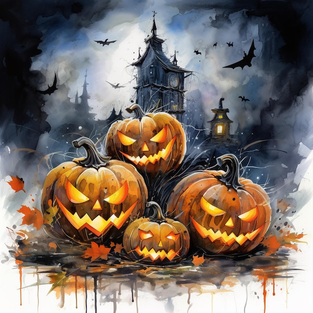 Abóboras modernas de Halloween em aquarela com detalhes malucos para anúncios