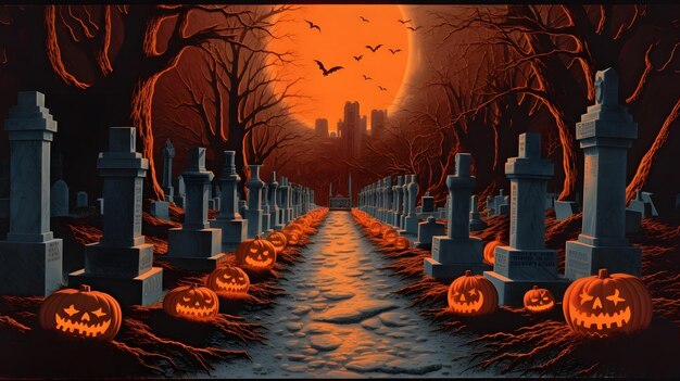 Abóboras no cemitério na noite assustadora