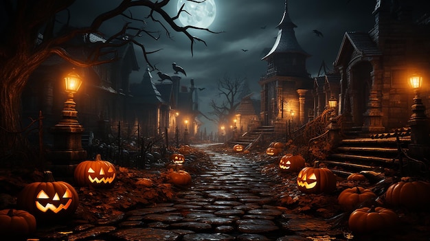 Abóboras no cemitério no cenário de Halloween assustador da noite