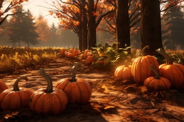 Foto abóboras no chão na floresta de outono fundo de outono