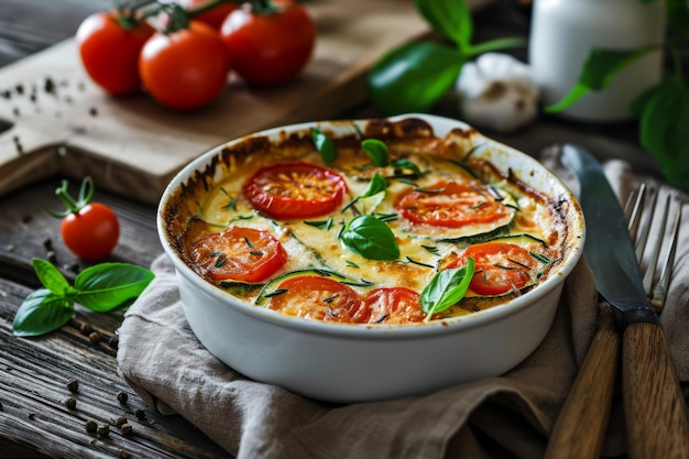 Abobrinha e tomate gratinados com molho bechamel e queijo Generative AI