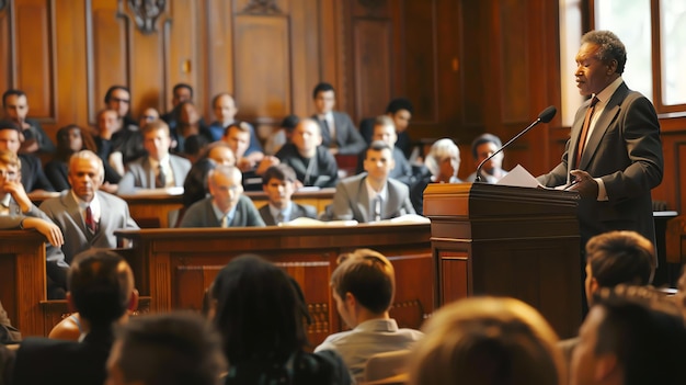 Foto un abogado está dando un discurso en una sala de juicio está de pie en un podio y hay un juez y un jurado sentados detrás de él