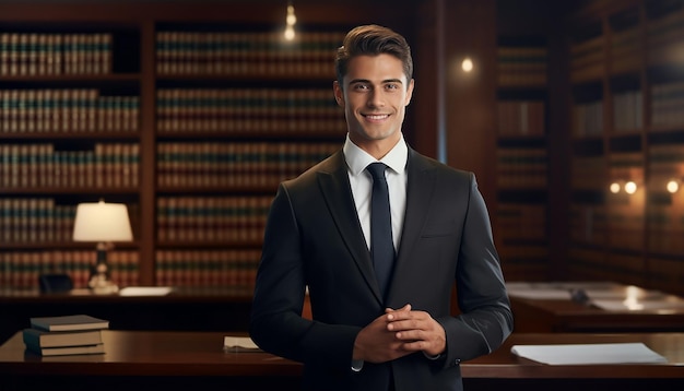 Foto un abogado feliz y sonriente con un traje formal.