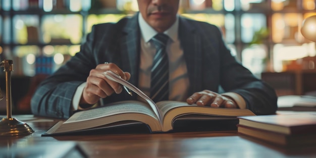 Foto un abogado en traje está escribiendo en un libro.