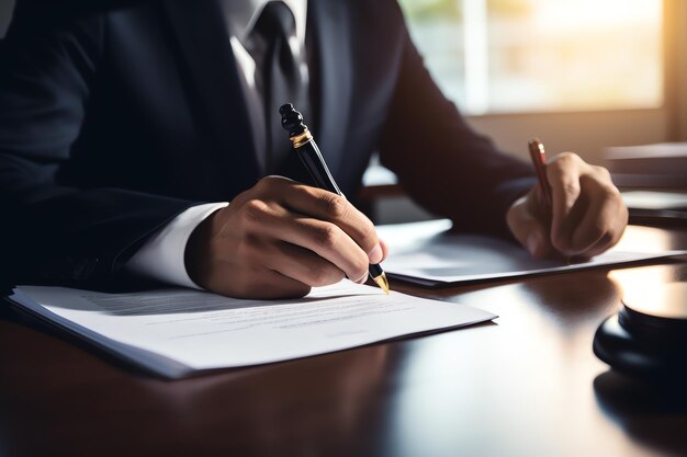 abogado en un traje firmando documentos