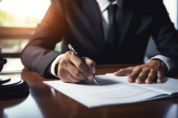 abogado en un traje firmando documentos