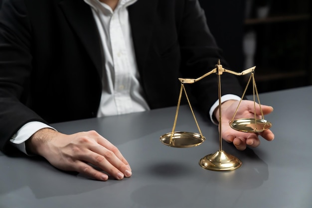 Abogado en traje negro con equilibrio de escala dorada en equidad de oficina