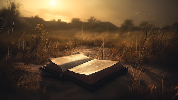 Foto abra a bíblia do livro na grama na ia generativa da natureza