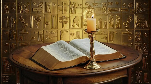 Abra a Bíblia santa e vela em uma velha mesa de madeira de carvalho belo fundo de ouro conceito de religião