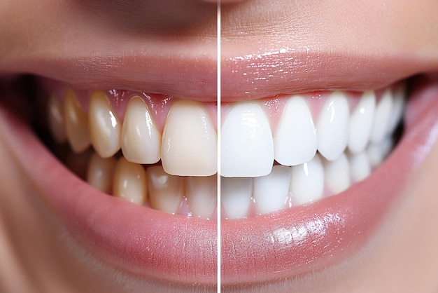 Abra a boca com um sorriso com dentes brancos saudáveis antes e depois do branqueamento dos dentes tratamento de cárie de perto