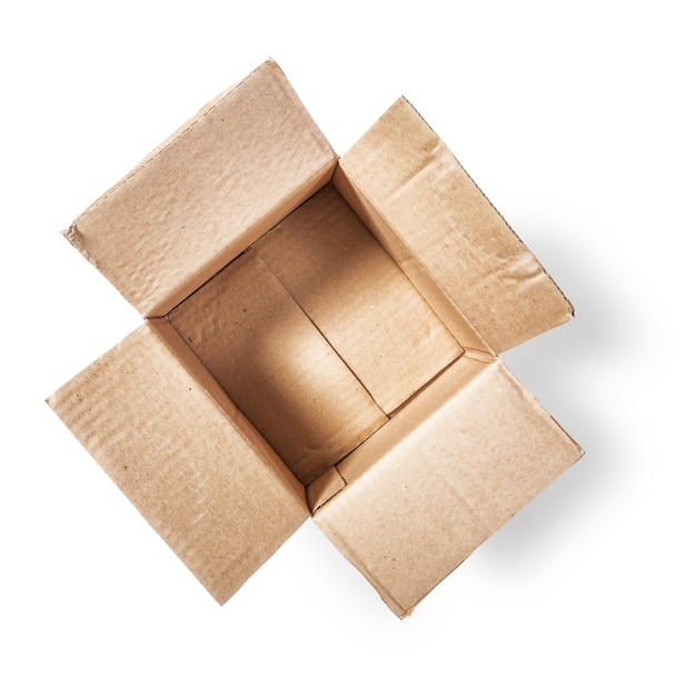 Abra a caixa de papelão Material de embalagem Objeto isolado no fundo branco com traçado de recorte