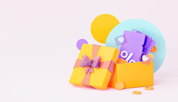 Abra a caixa de presente para uma surpresa com ingressos Evento comercial de verão Conceito de venda de renderização em 3D de verão