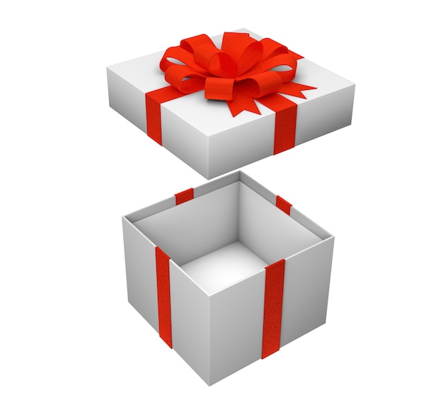Abra a caixa vazia para presentes com fita vermelha, isolada no fundo branco. Renderização 3D. brincar