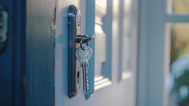 Foto abra a chave de casa no buraco da chave abre a porta de cromo para a propriedade