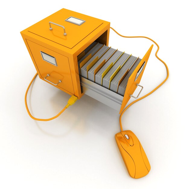 Abra a gaveta amarela do arquivo conectada a um mouse de computador