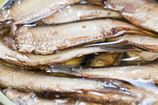 Abra a lata de metal com peixe defumado dentro, close-up de comida, peixes pequenos