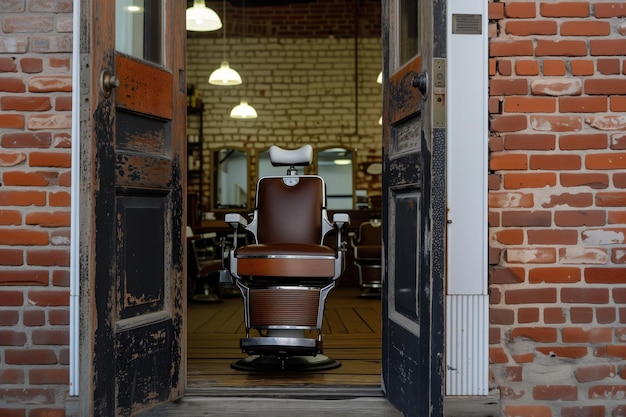 Foto abra a porta da barbearia mostrando uma cadeira antiga e convidativa lá dentro