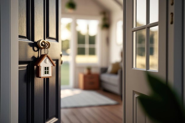 Abra a porta e o chaveiro em forma de casa Conceito imobiliário Geração de IA