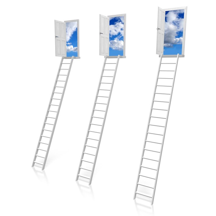 Foto abra as escadas e o céu das portas com ilustração 3d do conceito da imaginação das nuvens