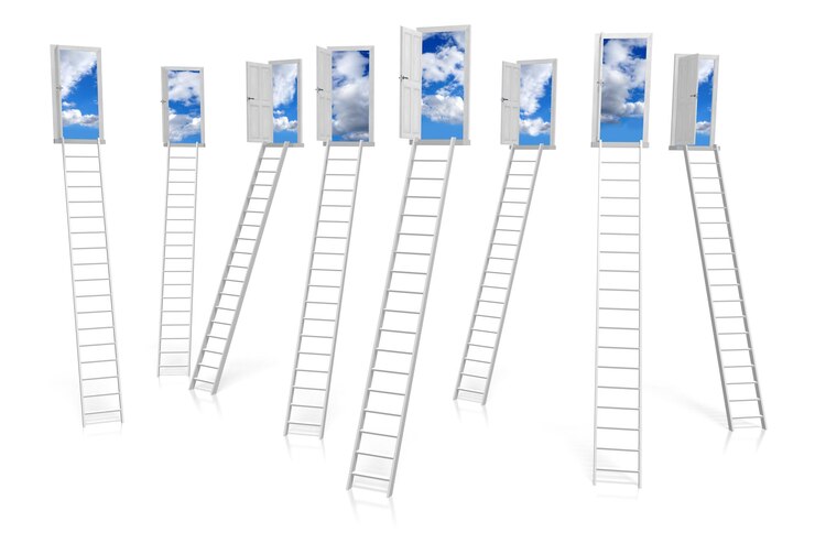 Foto abra as escadas e o céu das portas com ilustração 3d do conceito da imaginação das nuvens