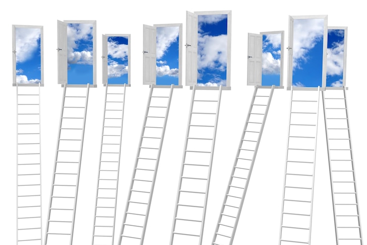 Foto abra as escadas e o céu das portas com ilustração 3d do conceito da imaginação das nuvens
