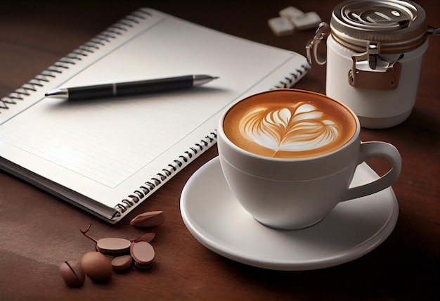 Abra el bloc de notas y la taza de café en el cuaderno espiral de fondo de madera AI generado