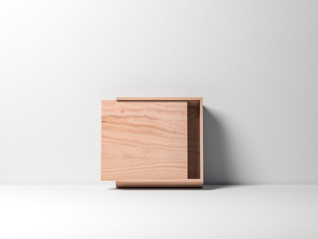 Foto abra la caja de madera contrachapada mockup contra la pared blanca. representación 3d